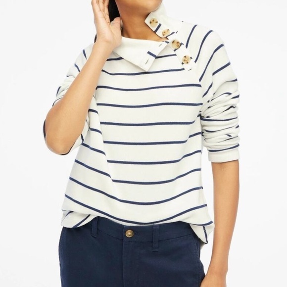 J Crew Factory white/navy Striped‎ button-collar pullover sweatshirt L NWT BS222 - Picture 1 of 11